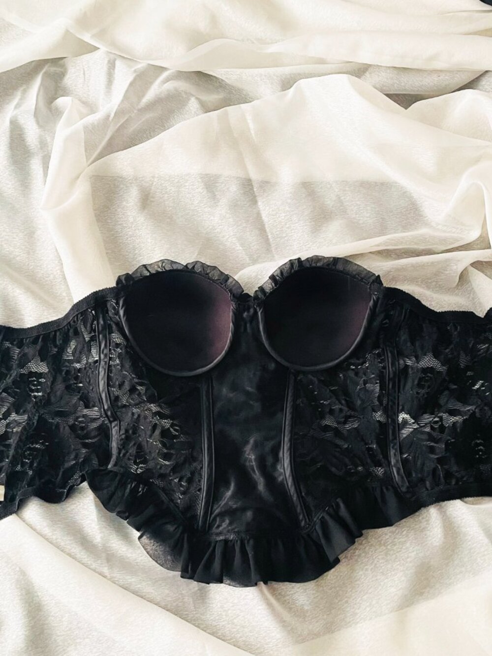 Rare: Vintage Christian Dior Black Lace + Chiffon Rose Detail Bustier - Size 34B - Picture 8 of 11